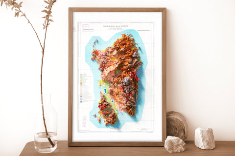 Sardinia (Italy), Soil map - 1960, 2D printed shaded relief map with 3D effect of a 1960 soil map of Sardinia (Italy). Shop our beautiful fine art printed maps on supreme Cotton paper. Vintage maps digitally restored and enhanced with a 3D effect., VizCart from Vizart
