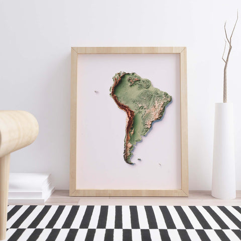 South America, Elevation tint - Geo, 2D printed shaded relief map with 3D effect of South America with geo tint. Shop our beautiful fine art printed maps on supreme Cotton paper. Vintage maps digitally restored and enhanced with a 3D effect. VizCart from Vizart