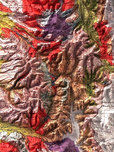 Alta Cordillera de los Andes (Chile), Geological map - 1964, 2D printed shaded relief map with 3D effect of a 1964 geological map of Andes (Alta Cordillera de los Andes, Chile). Shop our beautiful fine art printed maps on supreme Cotton paper. Vintage maps digitally restored and enhanced with a 3D effect., VizCart from Vizart