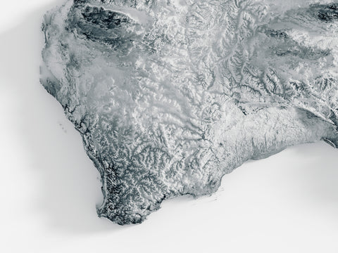 Australia, Elevation tint - White, 2D printed shaded relief map with 3D effect of Australia with white hypsometric tint. Shop our beautiful fine art printed maps on supreme Cotton paper. Vintage maps digitally restored and enhanced with a 3D effect., VizCart from Vizart