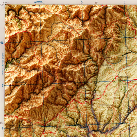 Castelo Branco (Portugal), Topographic map - 1944, 2D printed shaded relief map with 3D effect of a 1944 topographic map of Castelo Branco (Portugal). Shop our beautiful fine art printed maps on supreme Cotton paper. Vintage maps digitally restored and enhanced with a 3D effect. VizCart from Vizart