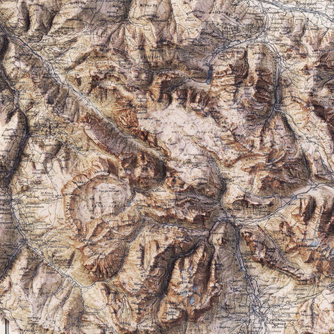Dolomites (Italy), Topographic map - 1904, 2D printed shaded relief map with 3D effect of a 1904 topographic map of Dolomites (Italy). Shop our beautiful fine art printed maps on supreme Cotton paper. Vintage maps digitally restored and enhanced with a 3D effect. VizCart from Vizart