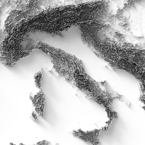 Europe, Elevation tint - White, 2D printed shaded relief map with 3D effect of Europe with monochrome hypsometric tint. Shop our beautiful fine art printed maps on supreme Cotton paper. Vintage maps digitally restored and enhanced with a 3D effect., VizCart from Vizart