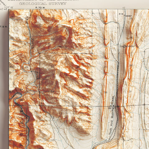 Fort Collins (Colorado, USA), Topographic map - 1906, 2D printed shaded relief map with 3D effect of a 1906 topographic map of Fort Collins (Colorado, USA). Shop our beautiful fine art printed maps on supreme Cotton paper. Vintage maps digitally restored and enhanced with a 3D effect. VizCart from Vizart