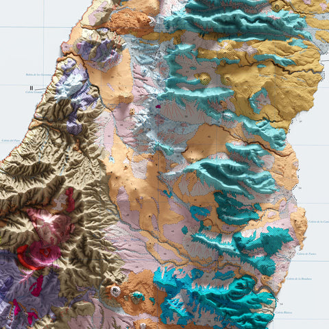 Fuerteventura (Spain), Geological map - 1991, 2D printed shaded relief map with 3D effect of a 1991 geological map of Isla Fuerteventura (Spain). Shop our beautiful fine art printed maps on supreme Cotton paper. Vintage maps digitally restored and enhanced with a 3D effect. VizCart from Vizart