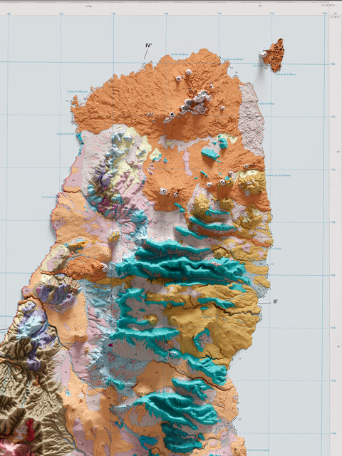 Fuerteventura (Spain), Geological map - 1991, 2D printed shaded relief map with 3D effect of a 1991 geological map of Isla Fuerteventura (Spain). Shop our beautiful fine art printed maps on supreme Cotton paper. Vintage maps digitally restored and enhanced with a 3D effect., VizCart from Vizart