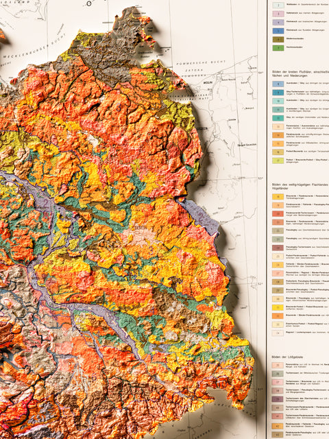 Germany, Soil map - 1995, 2D printed shaded relief map with 3D effect of a 1995 soil map of Germany. Shop our beautiful fine art printed maps on supreme Cotton paper. Vintage maps digitally restored and enhanced with a 3D effect., VizCart from Vizart