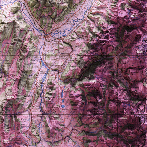 Grenoble (France), Topographic map - 1943, 2D printed shaded relief map with 3D effect of a 1943 topographic map of Grenoble (France). Shop our beautiful fine art printed maps on supreme Cotton paper. Vintage maps digitally restored and enhanced with a 3D effect., VizCart from Vizart