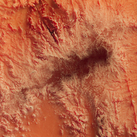 Hoggar (Algeria), Elevation tint - Red, 2D printed shaded relief map with 3D effect of Hoggar mountains (Algeria) with red hypsometric tint. Shop our beautiful fine art printed maps on supreme Cotton paper. Vintage maps digitally restored and enhanced with a 3D effect. VizCart from Vizart