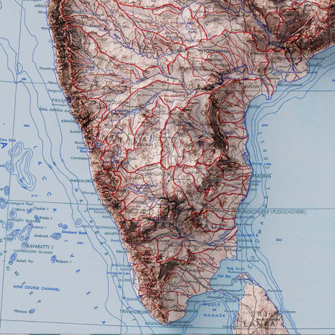 India, Topographic map - 1973, 2D printed shaded relief map with 3D effect of a 1973 topographic map of India. Shop our beautiful fine art printed maps on supreme Cotton paper. Vintage maps digitally restored and enhanced with a 3D effect. VizCart from Vizart