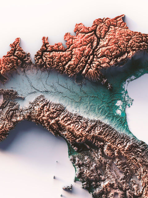 Italy, Elevation tint - Irid, 2D printed shaded relief map with 3D effect of Italy with irid hypsometric tint. Shop our beautiful fine art printed maps on supreme Cotton paper. Vintage maps digitally restored and enhanced with a 3D effect., VizCart from Vizart