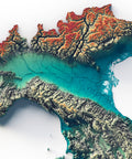 Italy, Elevation tint - Spectral, 2D printed shaded relief map with 3D effect of Italy with spectral hypsometric tint. Shop our beautiful fine art printed maps on supreme Cotton paper. Vintage maps digitally restored and enhanced with a 3D effect., VizCart from Vizart