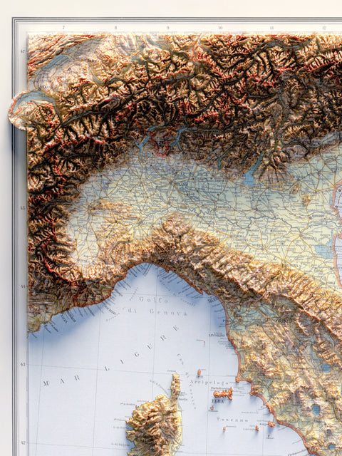 Italy, Topographic map - 1922, 2D printed shaded relief map with 3D effect of a 1922 topographic map of Italy. Shop our beautiful fine art printed maps on supreme Cotton paper. Vintage maps digitally restored and enhanced with a 3D effect., VizCart from Vizart