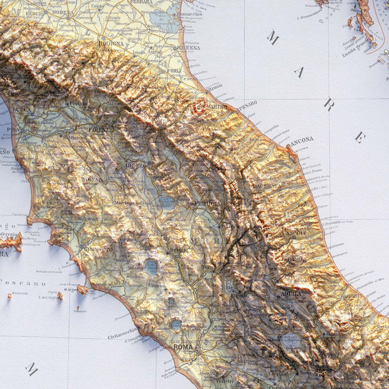 Italy, Topographic map - 1922, 2D fine art printed shaded relief map ...