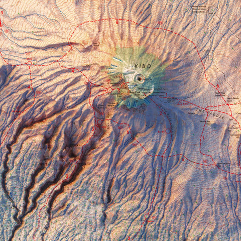 Kilimanjaro (Tanzania), Topographic map - 1978, 2D printed shaded relief map with 3D effect of a 1978 topographic map of Kilimanjaro (Tanzania). Shop our beautiful fine art printed maps on supreme Cotton paper. Vintage maps digitally restored and enhanced with a 3D effect., VizCart from Vizart