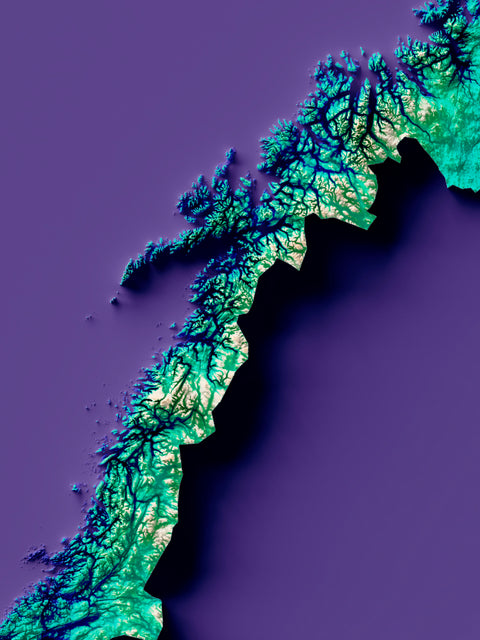 Norway, Elevation tint - Viridis, 2D printed shaded relief map with 3D effect of Europe with virid hypsometric tint. Shop our beautiful fine art printed maps on supreme Cotton paper. Vintage maps digitally restored and enhanced with a 3D effect., VizCart from Vizart