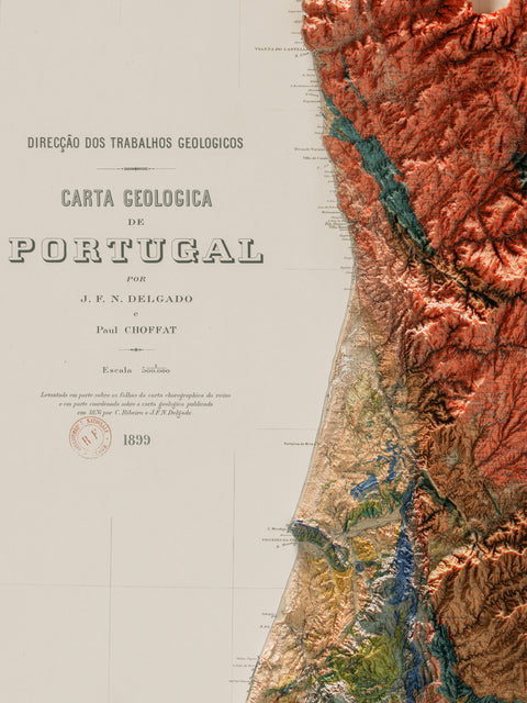 Portugal, Geological map - 1899, 2D printed shaded relief map with 3D effect of a 1899 geological map of Portugal. Shop our beautiful fine art printed maps on supreme Cotton paper. Vintage maps digitally restored and enhanced with a 3D effect., VizCart from Vizart