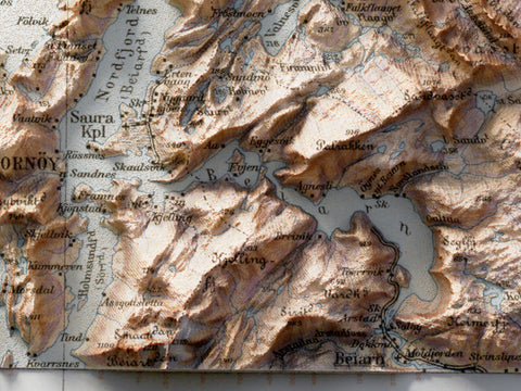Salta (Norway), Topographic map - 1933, 2D printed shaded relief map with 3D effect of a 1933 topographic map of Salta (Norway). Shop our beautiful fine art printed maps on supreme Cotton paper. Vintage maps digitally restored and enhanced with a 3D effect., VizCart from Vizart