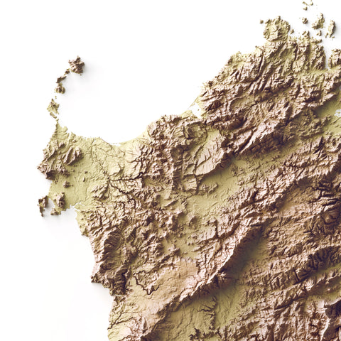 Sardinia (Italy), Elevation tint - Geo, 2D printed shaded relief map with 3D effect of Sardinia (Italy) with geo hypsometric tint. Shop our beautiful fine art printed maps on supreme Cotton paper. Vintage maps digitally restored and enhanced with a 3D effect. VizCart from Vizart