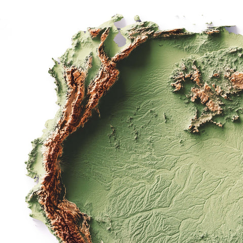 South America, Elevation tint - Geo, 2D printed shaded relief map with 3D effect of South America with geo tint. Shop our beautiful fine art printed maps on supreme Cotton paper. Vintage maps digitally restored and enhanced with a 3D effect. VizCart from Vizart