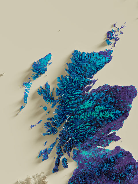 United Kingdom, Elevation tint - Viridis, 2D printed shaded relief map with 3D effect of United Kingdom with viridis hypsometric tint. Shop our beautiful fine art printed maps on supreme Cotton paper. Vintage maps digitally restored and enhanced with a 3D effect., VizCart from Vizart