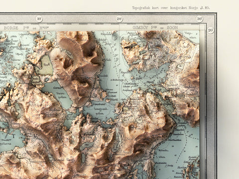 Vestvågøya (Lofoten Islands, Norway), Topographic map - 1907, 2D printed shaded relief map with 3D effect of a 1907 topographic map of Vestvagoya (Lofoten Islands, Norway). Shop our beautiful fine art printed maps on supreme Cotton paper. Vintage maps digitally restored and enhanced with a 3D effect., VizCart from Vizart