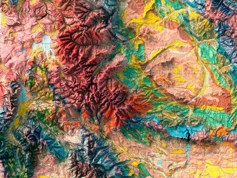 Wyoming (USA), Geological map - 1985, 2D printed shaded relief map with 3D effect of a 1985 geological map of Wyoming (USA). Shop our beautiful fine art printed maps on supreme Cotton paper. Vintage maps digitally restored and enhanced with a 3D effect., VizCart from Vizart