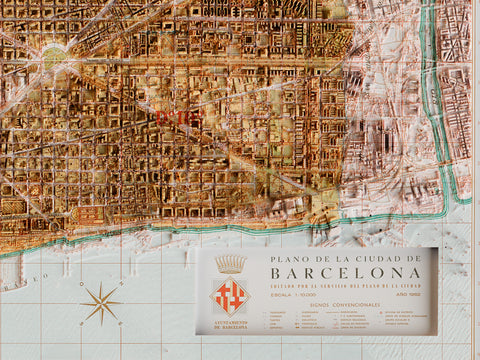 Barcelona (Spain), City map - 1962, 2D printed shaded relief map with 3D effect of a 1962 city map of Barcelona. Shop our beautiful fine art printed maps on supreme Cotton paper. Vintage maps digitally restored and enhanced with a 3D effect.., VizCart from Vizart