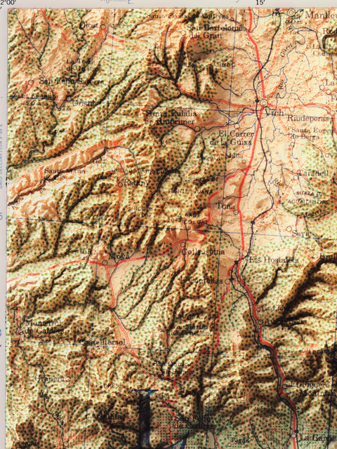 Barcelona (Spain), Topographic map - 1944, 2D printed shaded relief map with 3D effect of a 1944 topographic map of Barcelona (Spain). Shop our beautiful fine art printed maps on supreme Cotton paper. Vintage maps digitally restored and enhanced with a 3D effect., VizCart from Vizart