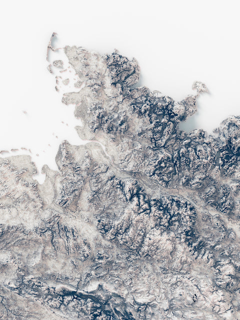 Germany, Elevation tint - White, 2D printed shaded relief map with 3D effect of Germany with monochrome white elevation tint. Shop our beautiful fine art printed maps on supreme Cotton paper. Vintage maps digitally restored and enhanced with a 3D effect., VizCart from Vizart