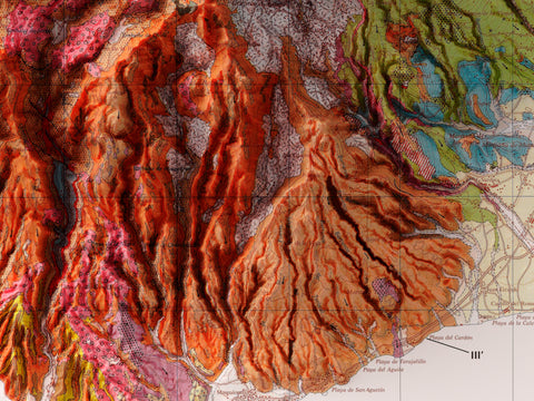 Gran Canaria (Spain), Geological map - 1990, 2D printed shaded relief map with 3D effect of a 1944 topographic map of Gran Canaria (Spain). Shop our beautiful fine art printed maps on supreme Cotton paper. Vintage maps digitally restored and enhanced with a 3D effect., VizCart from Vizart