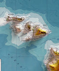 Hawaii (USA), Topographic map - 1974, 2D printed shaded relief map with 3D effect of a 1974 topographic map of Hawaii (USA). Shop our beautiful fine art printed maps on supreme Cotton paper. Vintage maps digitally restored and enhanced with a 3D effect. VizCart from Vizart