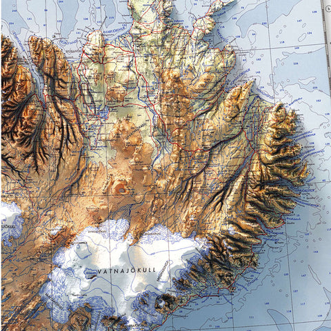 Iceland, Topographic map - 1952, 2D printed shaded relief map with 3D effect of a 1952 topographic map of Iceland. Shop our beautiful fine art printed maps on supreme Cotton paper. Vintage maps digitally restored and enhanced with a 3D effect., VizCart from Vizart
