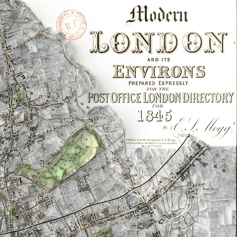 London (England, UK), City map - 1845, 2D printed shaded relief map with 3D effect of a 1845 city map of London (United Kingdom). Shop our beautiful fine art printed maps on supreme Cotton paper. Vintage maps digitally restored and enhanced with a 3D effect., VizCart from Vizart