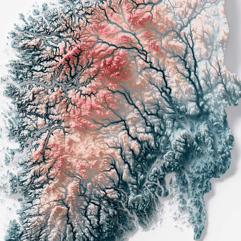 Norway, Elevation tint - Irid, 2D printed shaded relief map with 3D effect of Europe with irid hypsometric tint. Shop our beautiful fine art printed maps on supreme Cotton paper. Vintage maps digitally restored and enhanced with a 3D effect. VizCart from Vizart