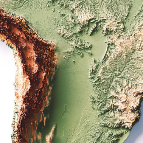 South America, Elevation tint - Geo, 2D printed shaded relief map with 3D effect of South America with geo tint. Shop our beautiful fine art printed maps on supreme Cotton paper. Vintage maps digitally restored and enhanced with a 3D effect. VizCart from Vizart