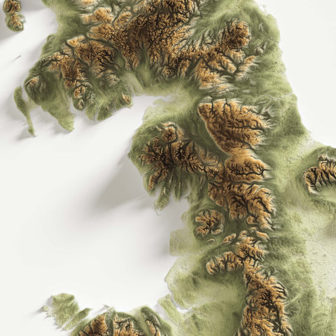 United Kingdom, Elevation tint - Geo, 2D printed shaded relief map with 3D effect of United Kingdom with geo hypsometric tint. Shop our beautiful fine art printed maps on supreme Cotton paper. Vintage maps digitally restored and enhanced with a 3D effect. VizCart from Vizart
