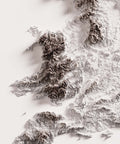 United Kingdom, Elevation tint - White, 2D printed shaded relief map with 3D effect of United Kingdom with monochrome white tint. Shop our beautiful fine art printed maps on supreme Cotton paper. Vintage maps digitally restored and enhanced with a 3D effect. VizCart from Vizart
