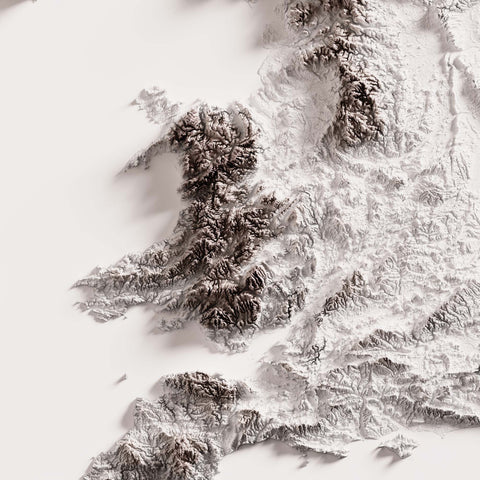 United Kingdom, Elevation tint - White, 2D printed shaded relief map with 3D effect of United Kingdom with monochrome white tint. Shop our beautiful fine art printed maps on supreme Cotton paper. Vintage maps digitally restored and enhanced with a 3D effect. VizCart from Vizart