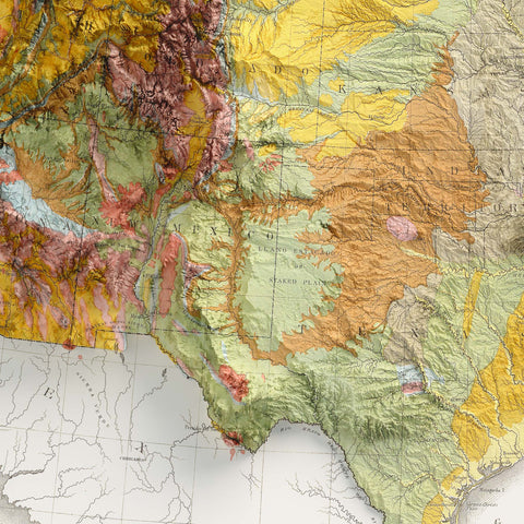 USA, Geological map - 1874, 2D printed shaded relief map with 3D effect of a 1874 geological map of United States of America. Shop our beautiful fine art printed maps on supreme Cotton paper. Vintage maps digitally restored and enhanced with a 3D effect. VizCart from Vizart