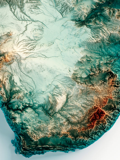 Africa, Elevation tint - Spectral, 2D printed shaded relief map with 3D effect of Africa with spectral hypsometric tint. Shop our beautiful fine art printed maps on supreme Cotton paper. Vintage maps digitally restored and enhanced with a 3D effect., VizCart from Vizart