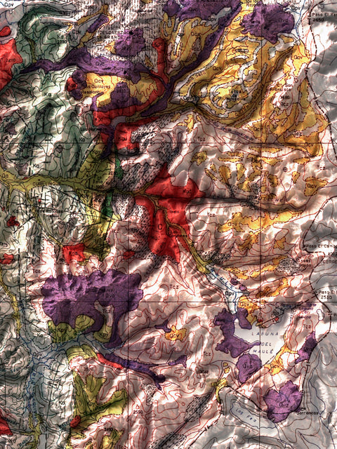 Alta Cordillera de los Andes (Chile), Geological map - 1964, 2D printed shaded relief map with 3D effect of a 1964 geological map of Andes (Alta Cordillera de los Andes, Chile). Shop our beautiful fine art printed maps on supreme Cotton paper. Vintage maps digitally restored and enhanced with a 3D effect., VizCart from Vizart