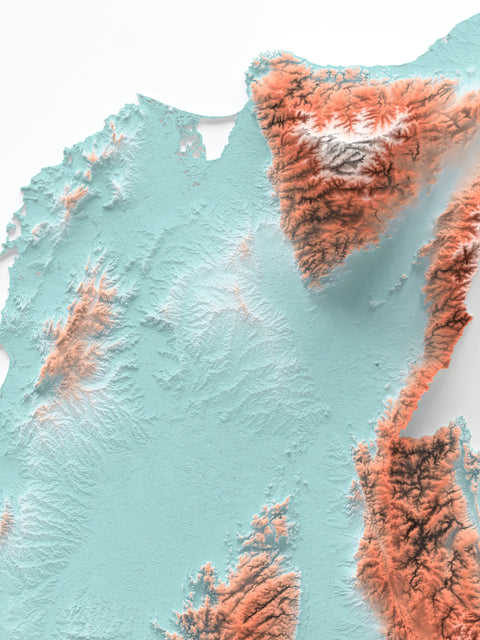 Colombia, Elevation tint - Candy, 2D printed shaded relief map with 3D effect of Colombia with candy tint. Shop our beautiful fine art printed maps on supreme Cotton paper. Vintage maps digitally restored and enhanced with a 3D effect., VizCart from Vizart