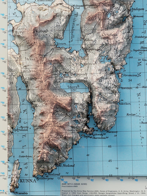 Flakstad (Lofoten Islands, Norway), Topographic map - 1952, 2D printed shaded relief map with 3D effect of a 1952 topographic map of Flakstad (Lofoten Islands, Norway). Shop our beautiful fine art printed maps on supreme Cotton paper. Vintage maps digitally restored and enhanced with a 3D effect., VizCart from Vizart