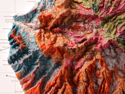 Gran Canaria (Spain), Geological map - 1990, 2D printed shaded relief map with 3D effect of a 1944 topographic map of Gran Canaria (Spain). Shop our beautiful fine art printed maps on supreme Cotton paper. Vintage maps digitally restored and enhanced with a 3D effect., VizCart from Vizart