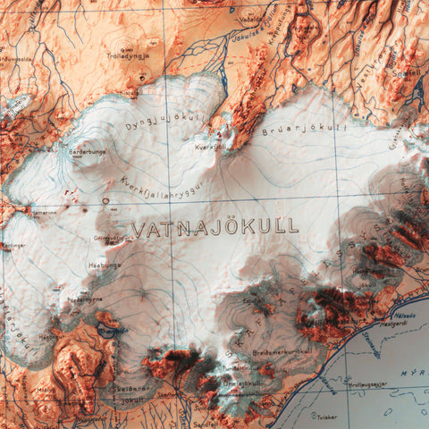 Iceland, Topographic map - 1963, 2D printed shaded relief map with 3D effect of a 1963 topographic map of Iceland. Shop our beautiful fine art printed maps on supreme Cotton paper. Vintage maps digitally restored and enhanced with a 3D effect. VizCart from Vizart