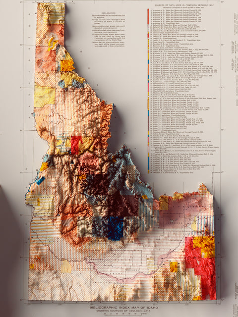 Idaho (USA), Geological map - 1947, 2D printed shaded relief map with 3D effect of a 1947 geological map of Idaho (USA). Shop our beautiful fine art printed maps on supreme Cotton paper. Vintage maps digitally restored and enhanced with a 3D effect., VizCart from Vizart