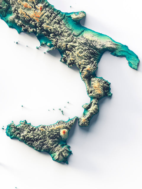 Italy, Elevation tint - Spectral, 2D printed shaded relief map with 3D effect of Italy with spectral hypsometric tint. Shop our beautiful fine art printed maps on supreme Cotton paper. Vintage maps digitally restored and enhanced with a 3D effect., VizCart from Vizart