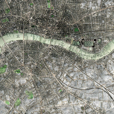London (England, UK), City map - 1845, 2D printed shaded relief map with 3D effect of a 1845 city map of London (United Kingdom). Shop our beautiful fine art printed maps on supreme Cotton paper. Vintage maps digitally restored and enhanced with a 3D effect. VizCart from Vizart