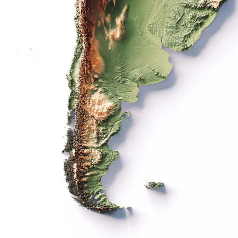 South America, Elevation tint - Geo, 2D printed shaded relief map with 3D effect of South America with geo tint. Shop our beautiful fine art printed maps on supreme Cotton paper. Vintage maps digitally restored and enhanced with a 3D effect. VizCart from Vizart